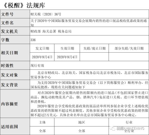 政策 关于2020年中国国际服务贸易交易会展期内销售的进口展品税收优惠政策的通知